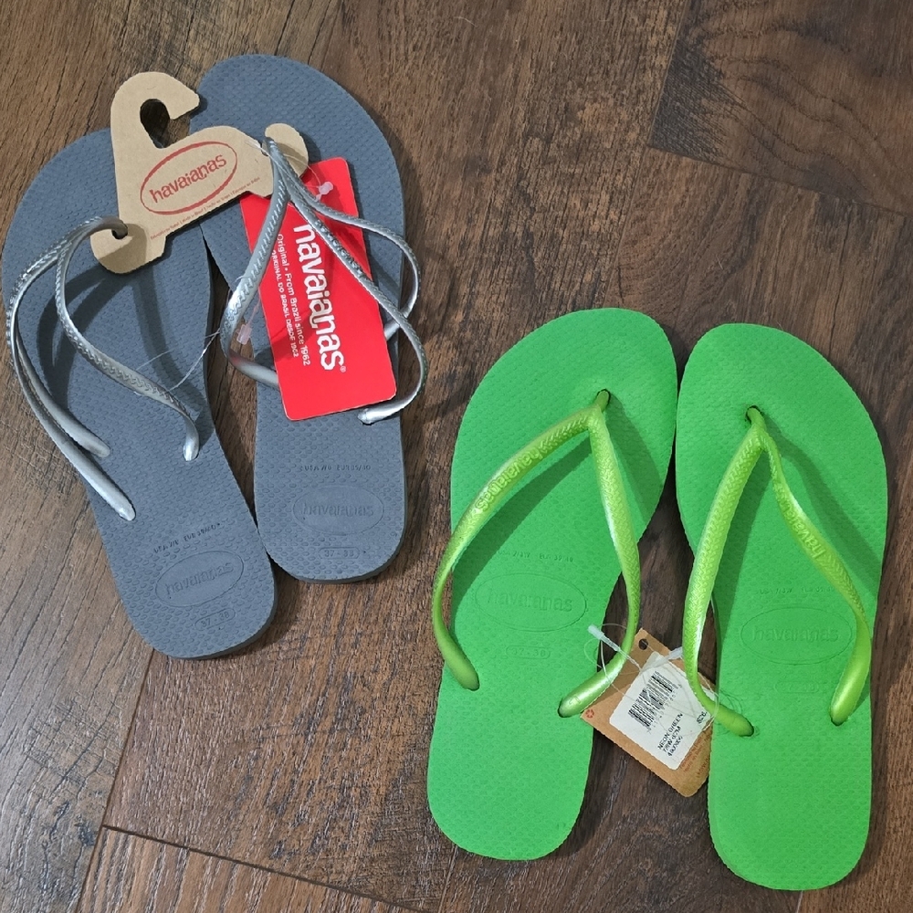 Havaianas Silver and Lime Green Flip Flops